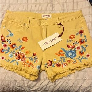 DRIFTWOOD Yellow Floral Embroidered Jean Shorts